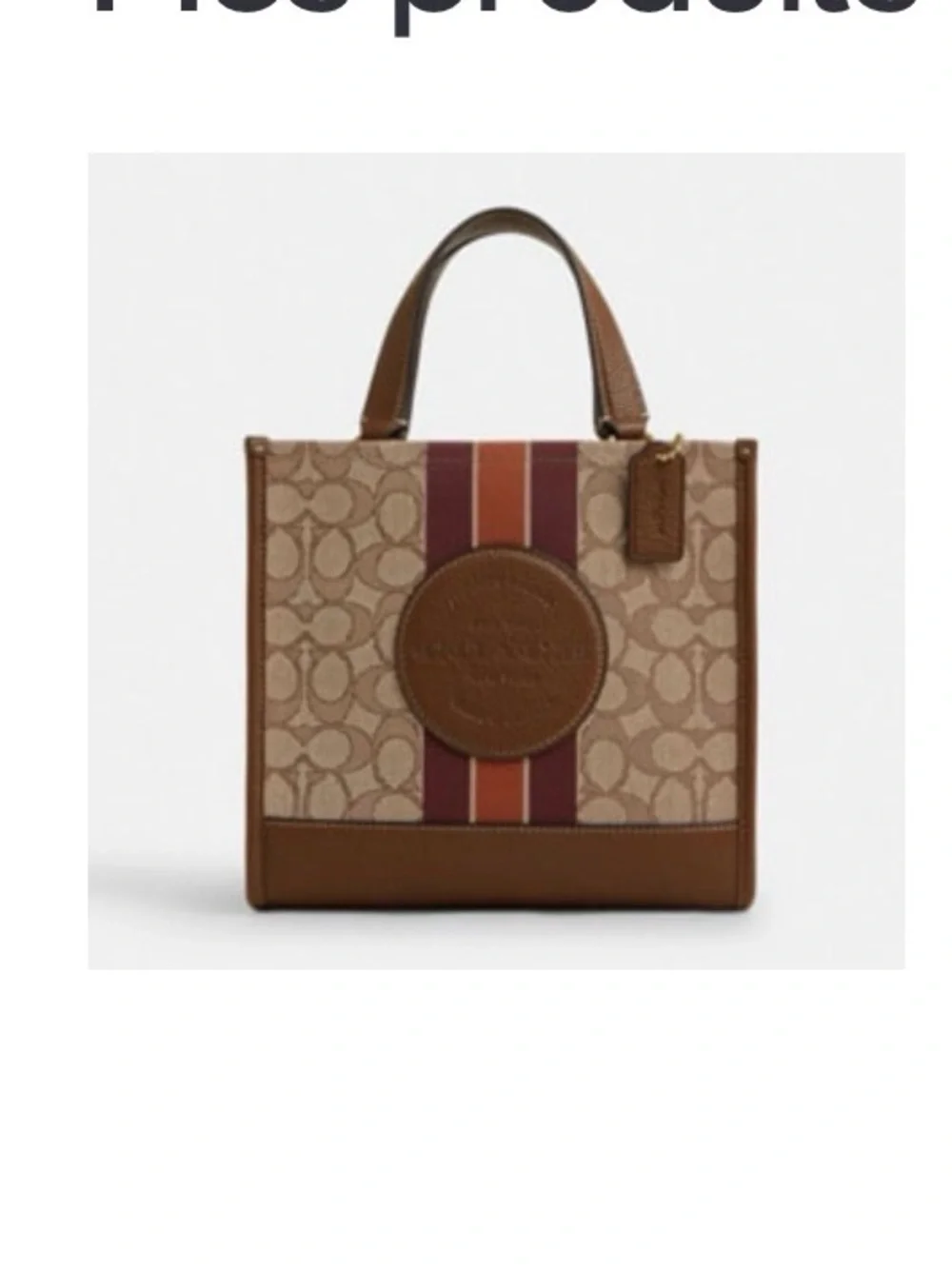 Coach Tan Signature Stripe Small Tote with Burgundy and Orange Center Stripe
